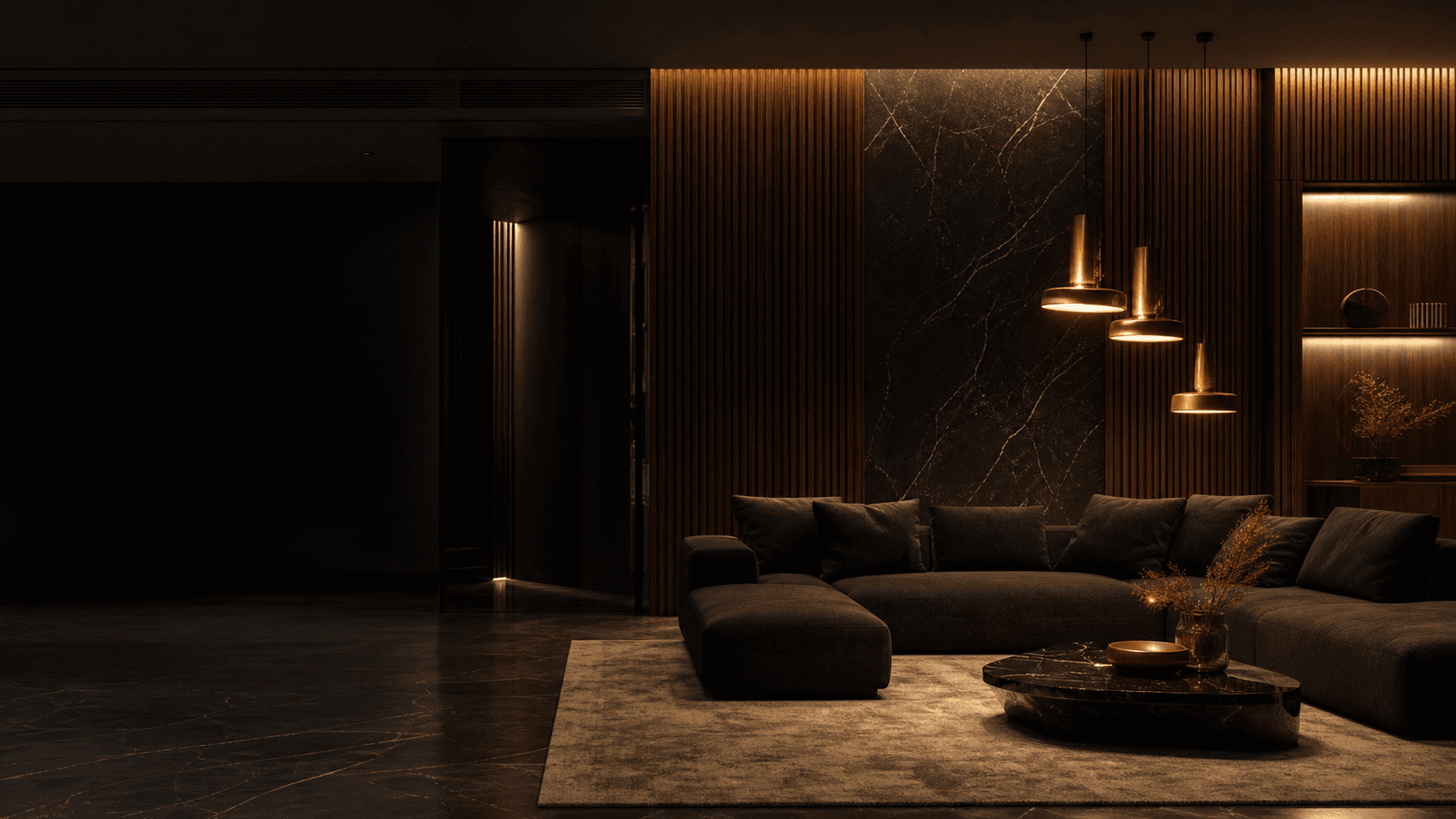 Luxury living room with dark marble and walnut wall finishes